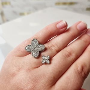 Double Flower Zircon Silvertone Adjustable Unique Ring
